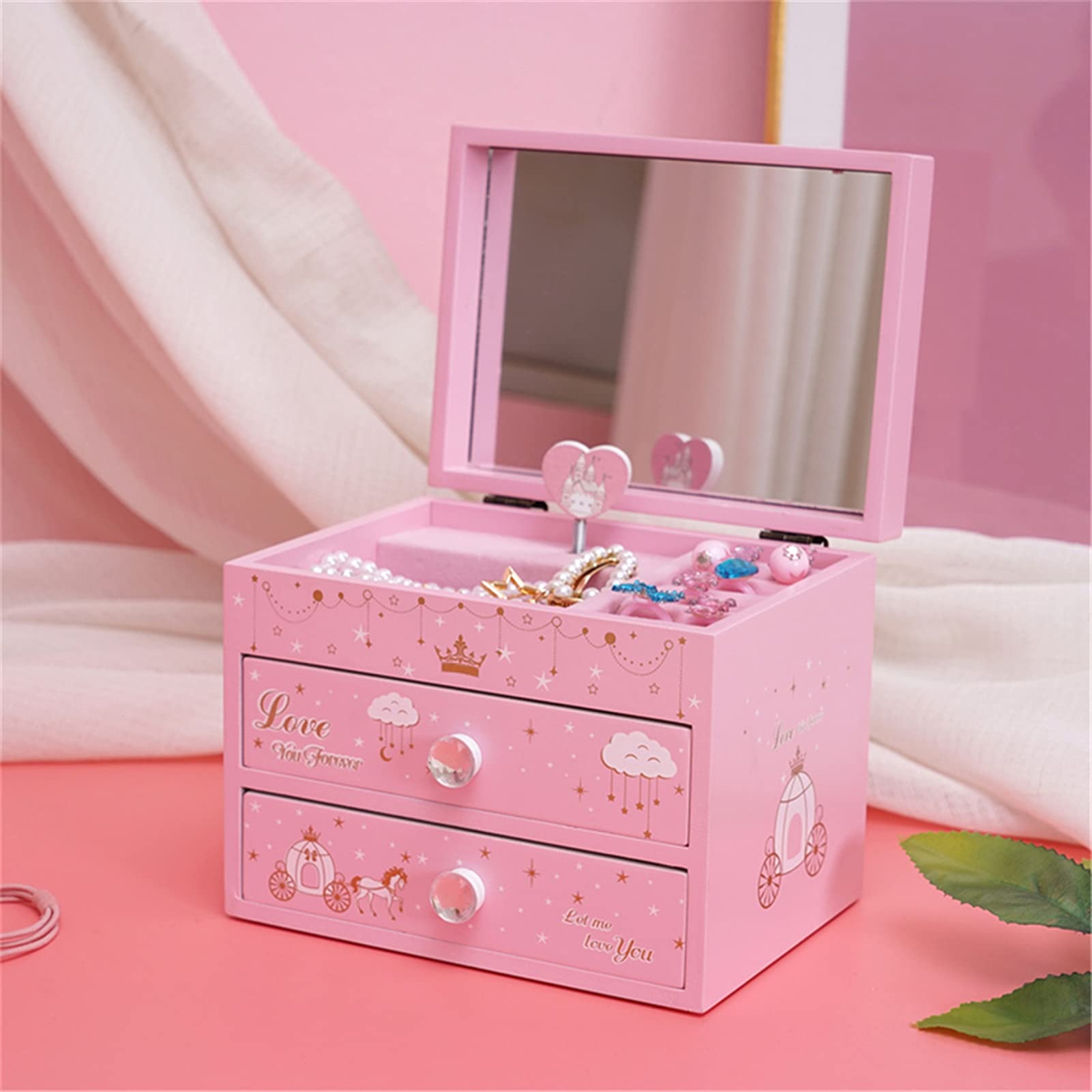 Cokosing Art Deco Pink Girls' Castle Music Box Jewelry Box with 2